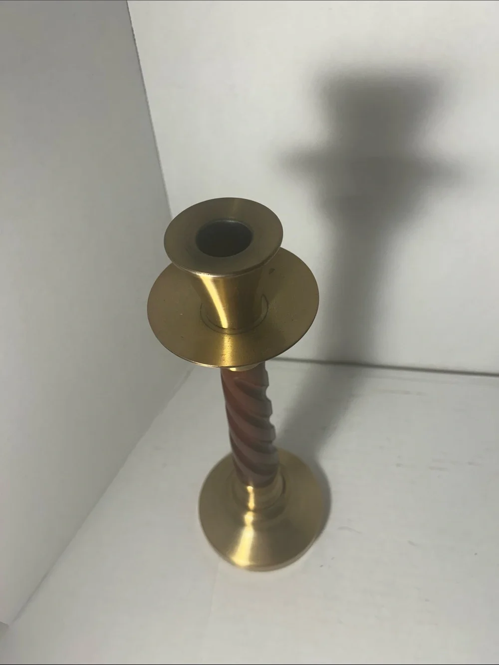 Brass and Wood Spiral Candlestick Holder - Gold and Brown